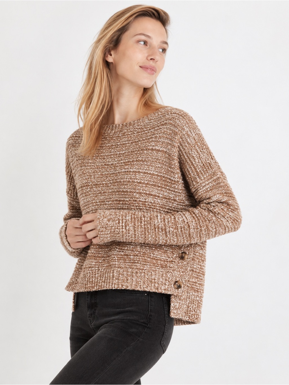 Madewell Womens Size Medium Side-Button Boatneck Boxy Sweater Marled Acorn